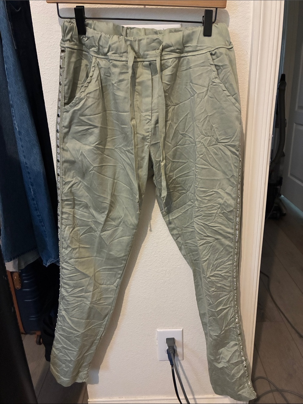 Light Olive Drawstring Jogger Pants with Side Stud Detail